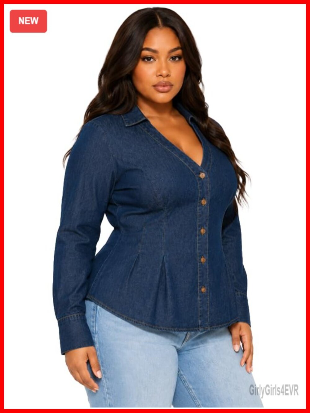 Women's Long Sleeve Button Down Denim Shirt Pleated Cinched Waist Blouse